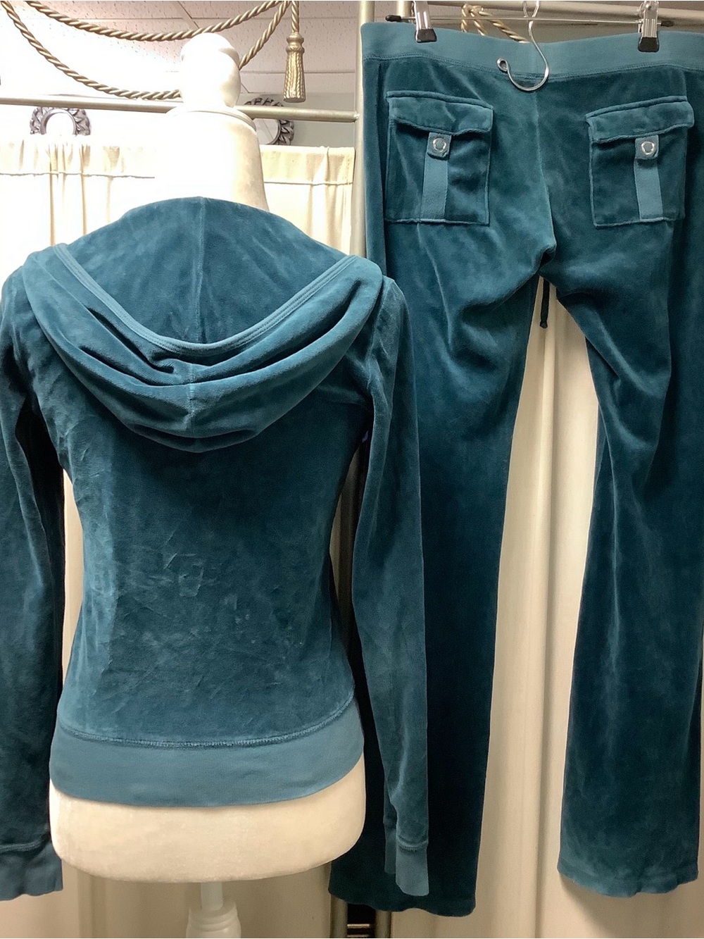 Juicy Couture 90s Teal Velour Flare Pants 32 x 32 Zip Up Hoodie Tracksuit Set